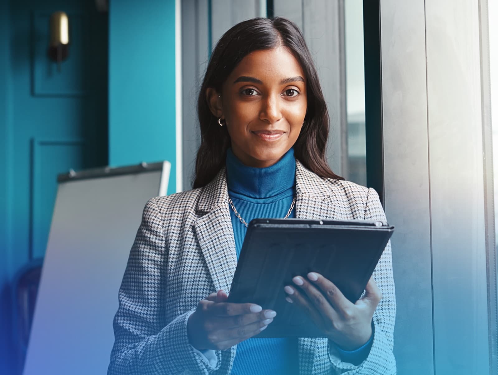 Woman at her desk with an AI-generated review comment overlay reading 'Cons: costs can balloon fast'