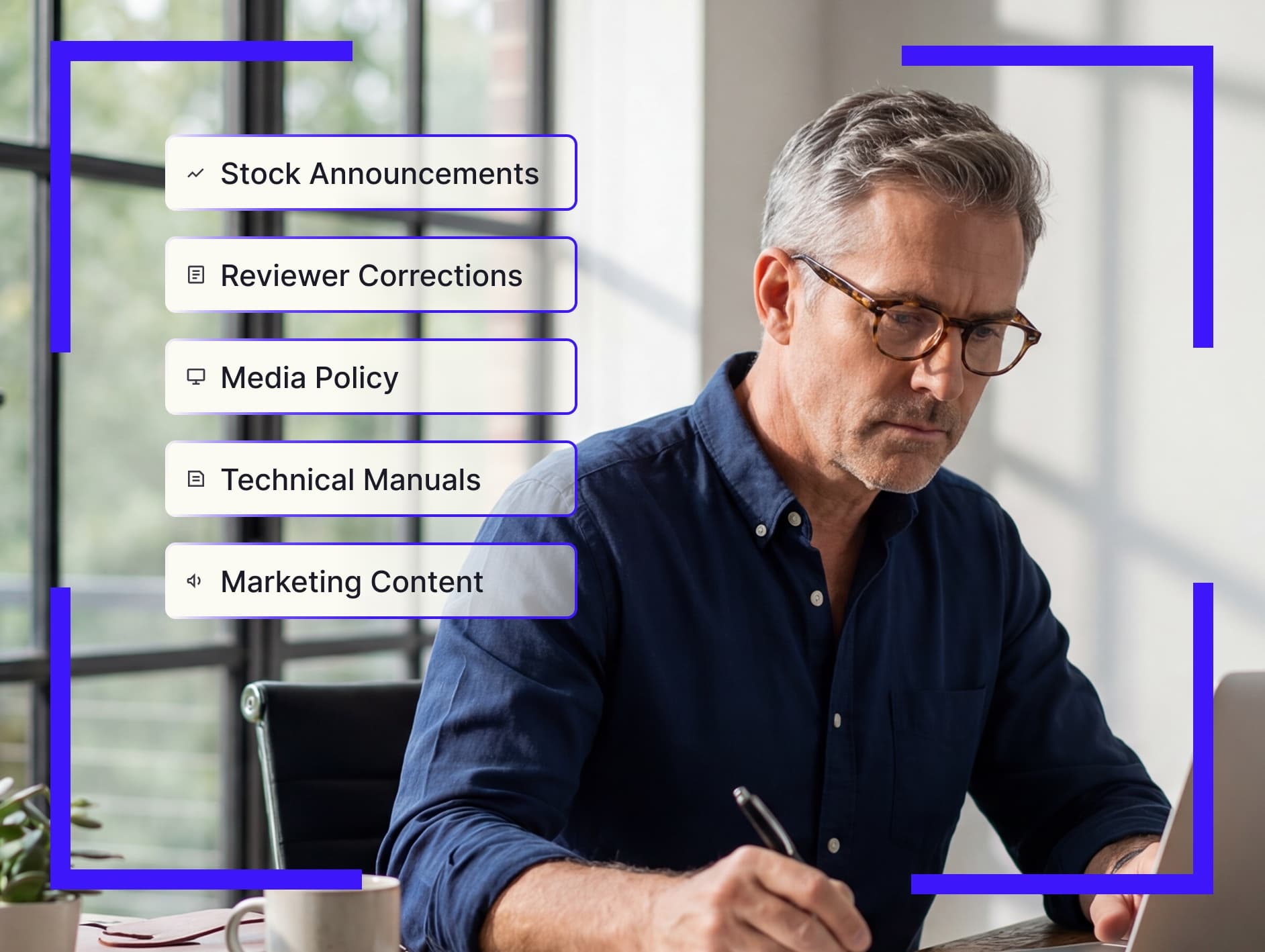 Man reviewing documents at his desk, overlaid with a list of content types Arbitr checks: stock announcements, reviewer corrections, media policy, technical manuals, marketing content