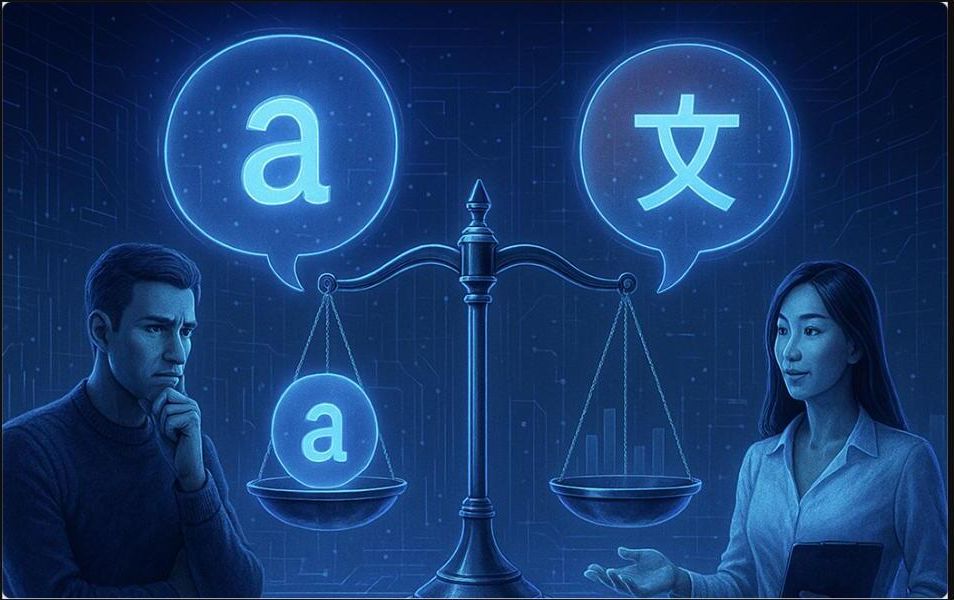 Illustration of two people weighing language translation quality on a scale