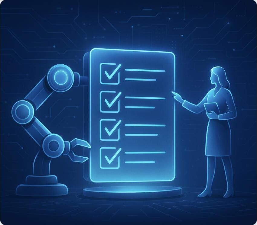 Illustration of an AI robot arm and a person reviewing a checklist