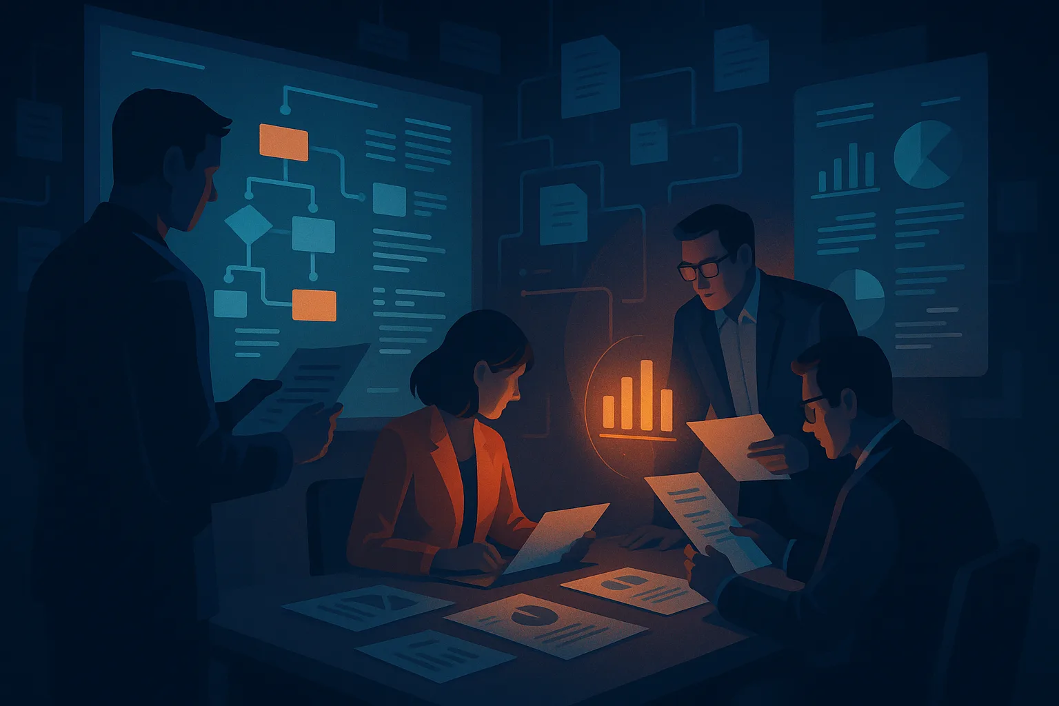 Illustration of a team reviewing documents, workflow diagrams and charts around a table in a dim room
