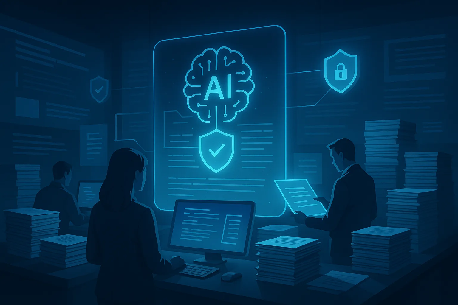 Illustration of people working among stacks of documents around a glowing AI and security shield display