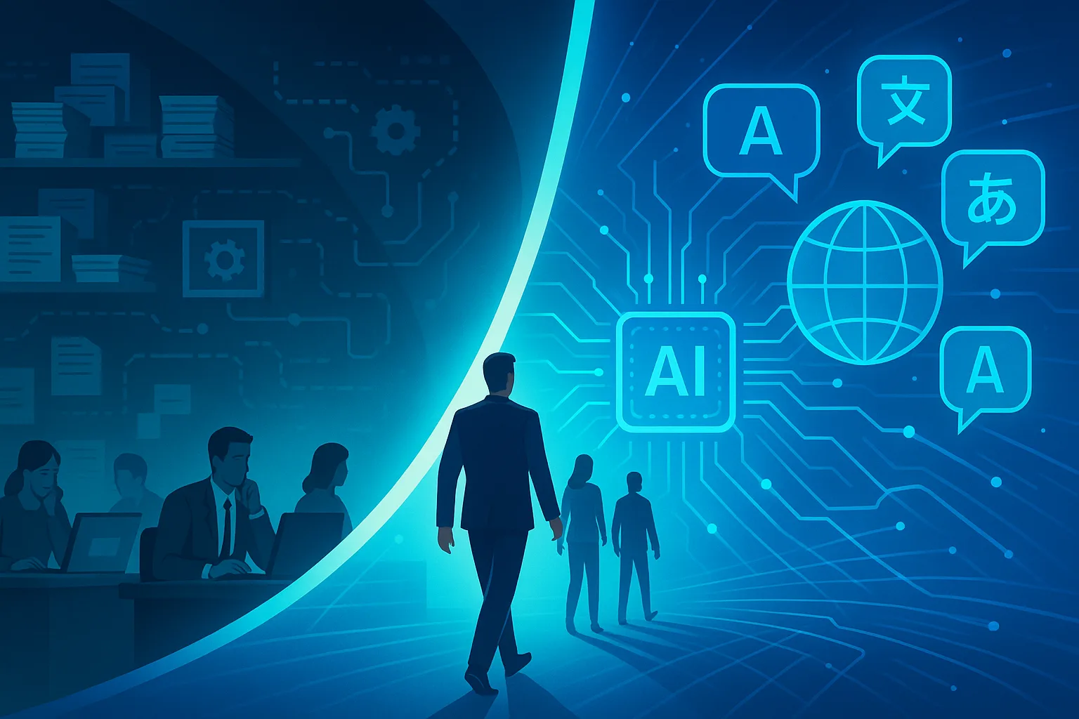 Illustration of a businessman walking from a cluttered paper-based office into a bright digital space with AI and multilingual speech bubbles