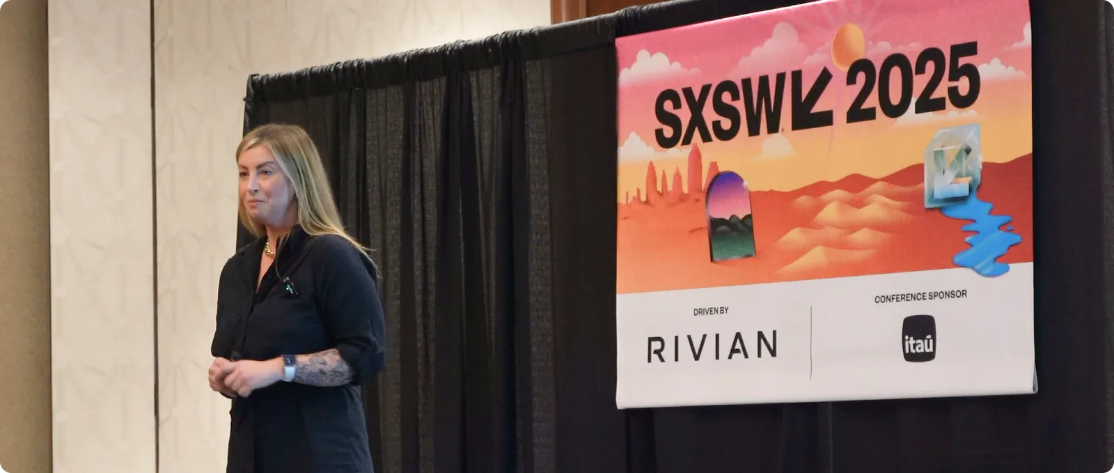 Dasha Steen-Marchetti presenting on stage beside an SXSW 2025 banner