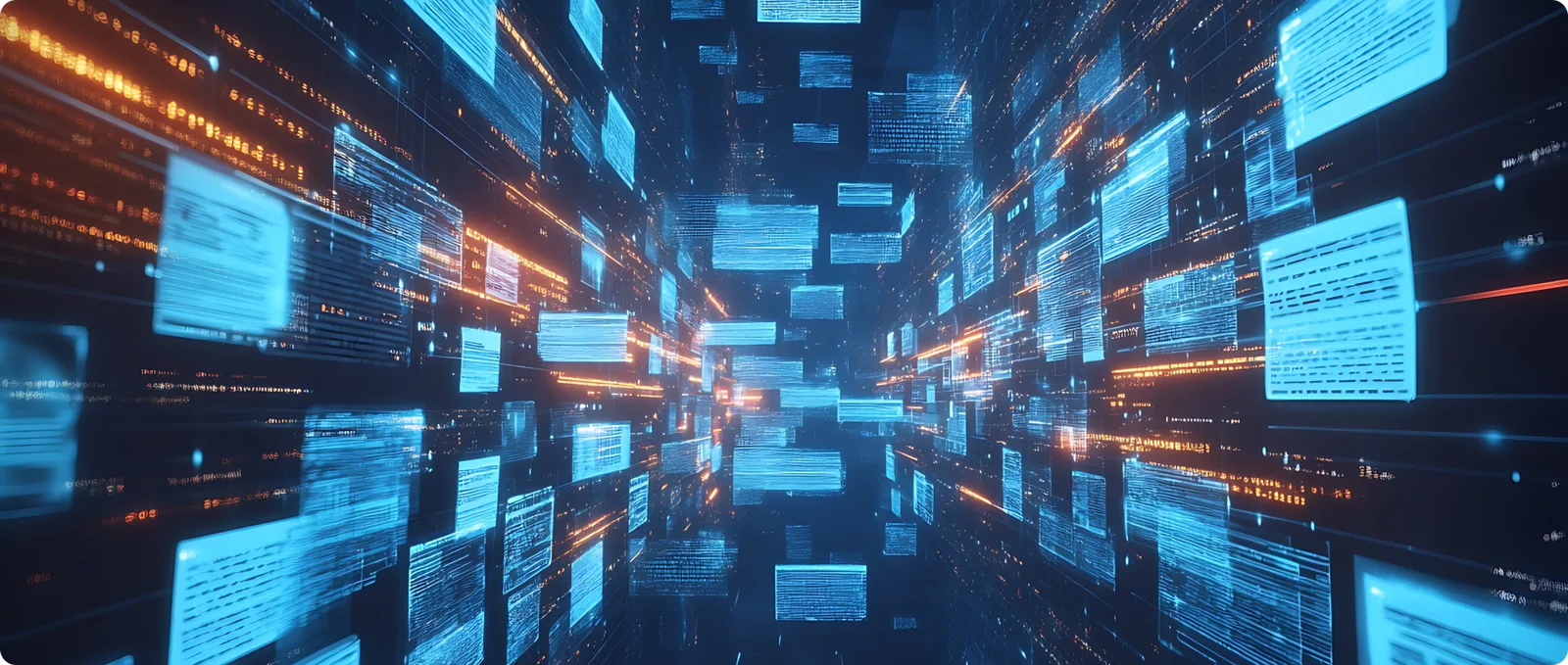 Glowing panels of digital text streaming through a dark blue tunnel