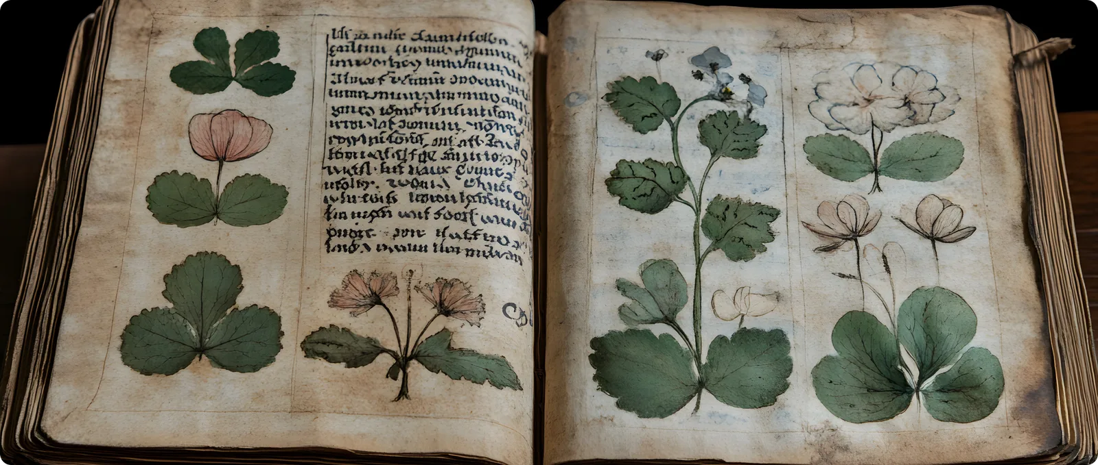Open pages of the Voynich Manuscript showing handwritten script and botanical illustrations
