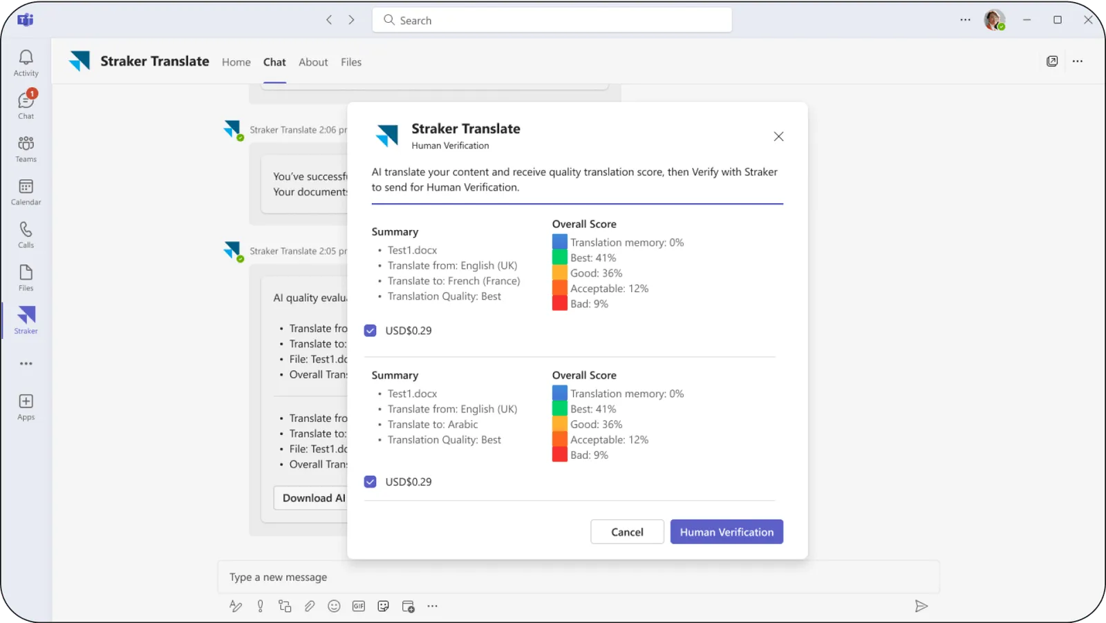 Straker Translate plugin in Microsoft Teams showing human verification pop-up with translation quality scores and options to cancel or confirm.